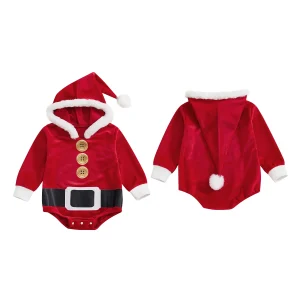 Christmas Toddler Jumpsuit Warm Hooded Romper with Cute Patchwork Design for Infant Boys and Girls in Winter