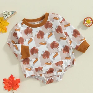 Infant Toddler Boys Girls Thanksgiving Turkey Print Romper Jumpsuit Long Sleeve Crew Neck Bodysuit Thanksgiving Outfit Clothes